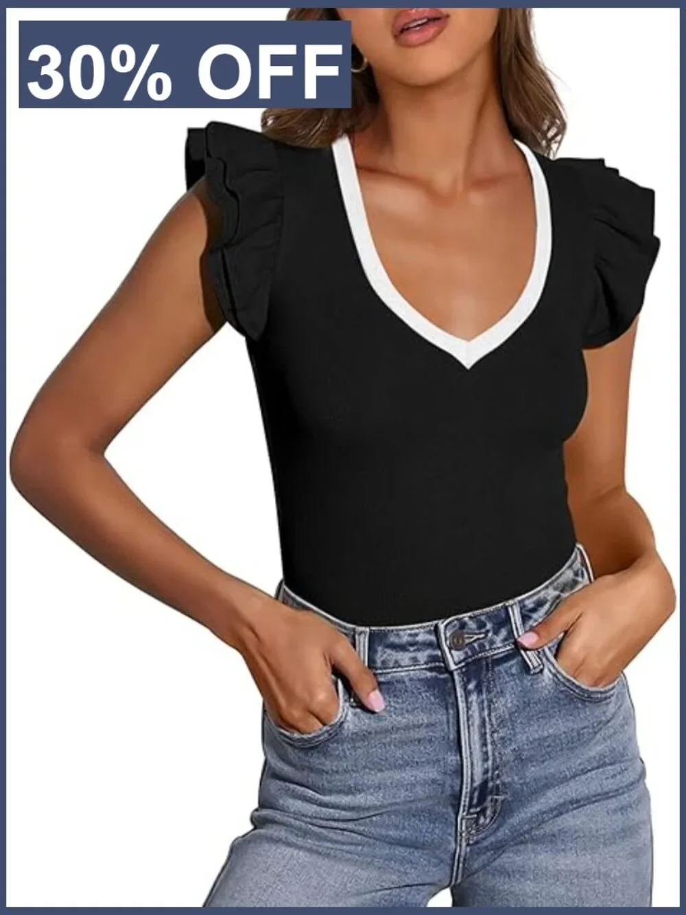 V-Neck Ruffle Sleeveless Slim Fit T-Shirt Blouse Summer Top